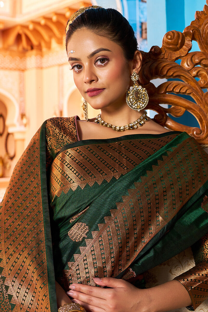 Blooming Dark Green Banarasi Silk Saree With Ethnic Blouse Piece