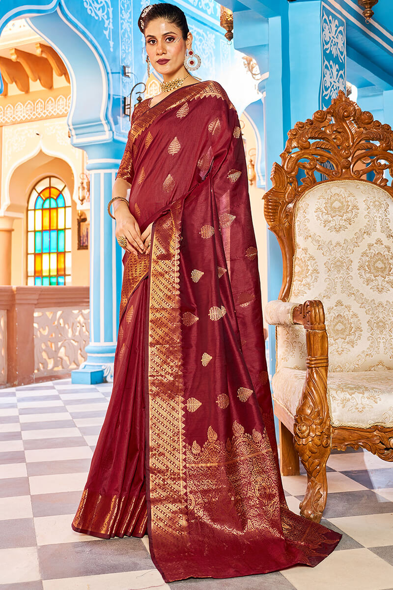 Breathtaking Maroon Banarasi Silk Saree With Adorable Blouse Piece