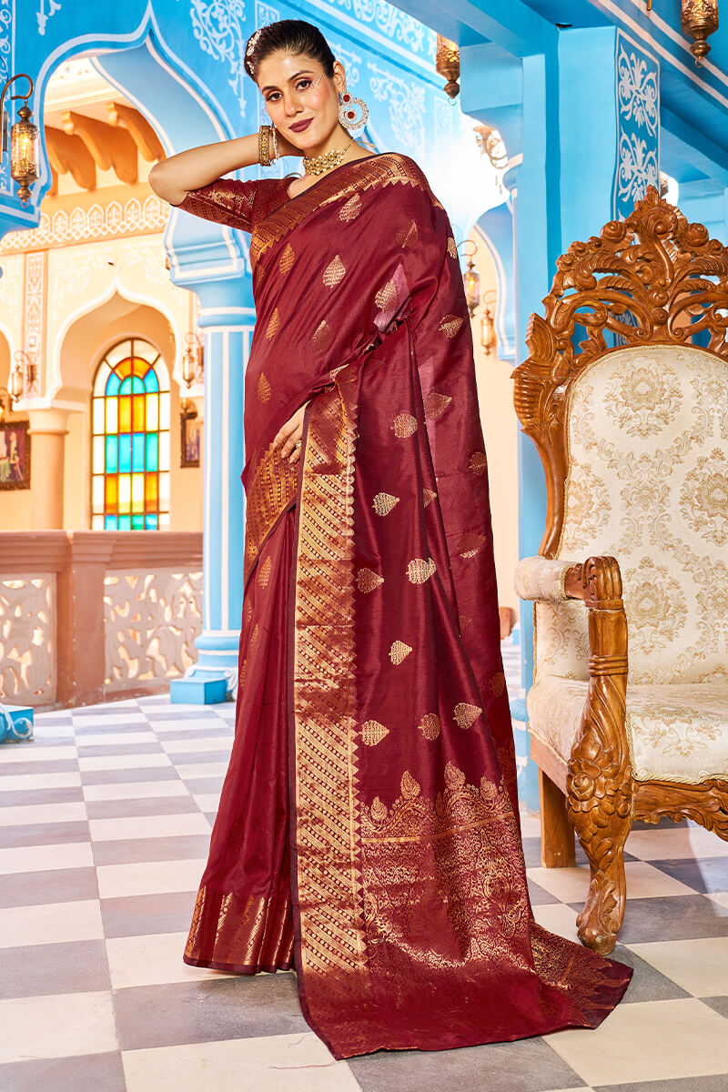 Breathtaking Maroon Banarasi Silk Saree With Adorable Blouse Piece