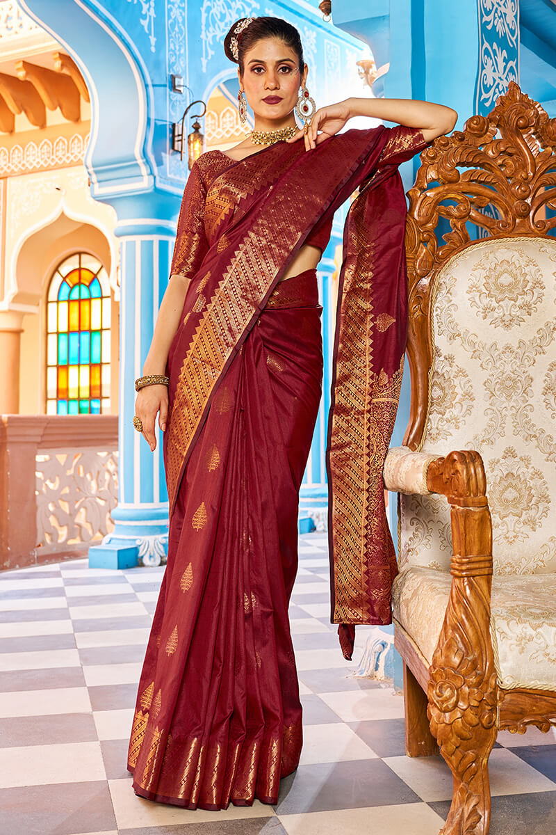 Breathtaking Maroon Banarasi Silk Saree With Adorable Blouse Piece