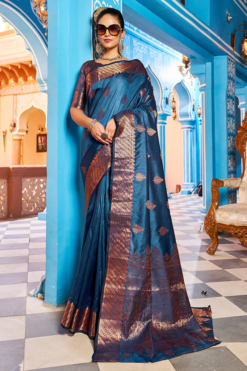 Hypnotic Navy Blue Banarasi Silk Saree With Stylish Blouse Piece