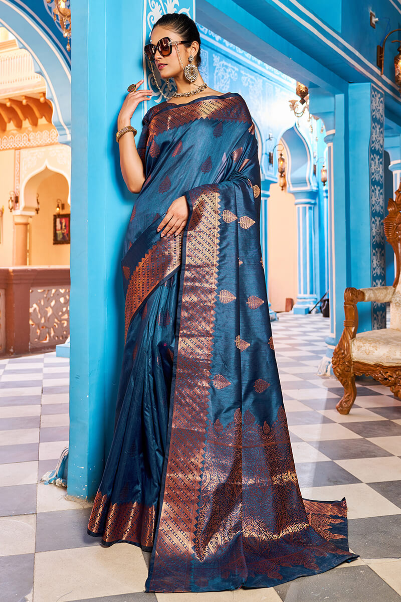 Hypnotic Navy Blue Banarasi Silk Saree With Stylish Blouse Piece