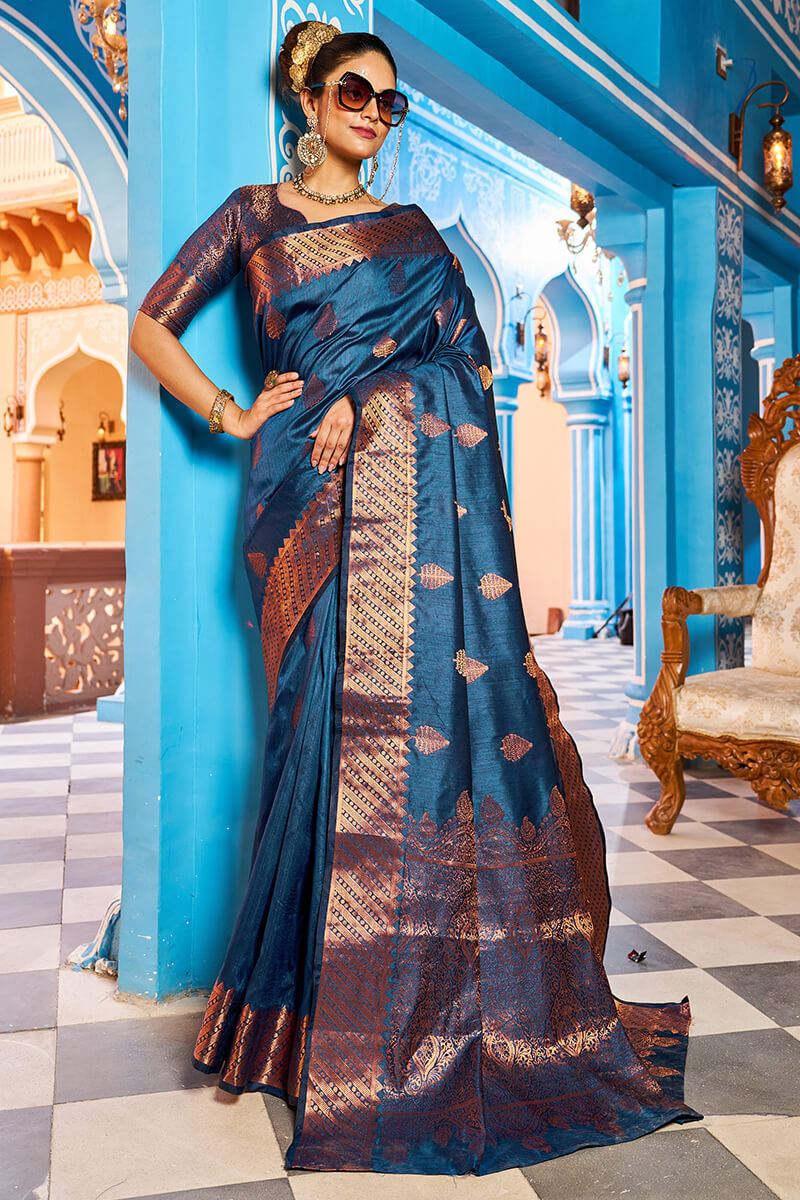 Hypnotic Navy Blue Banarasi Silk Saree With Stylish Blouse Piece
