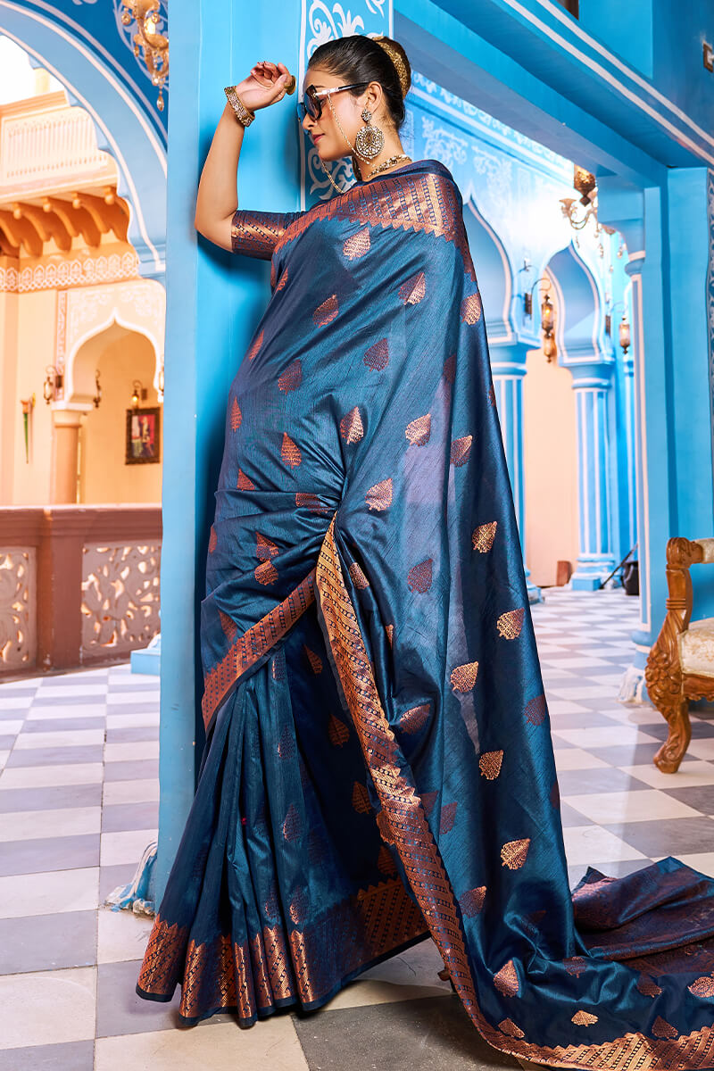 Hypnotic Navy Blue Banarasi Silk Saree With Stylish Blouse Piece