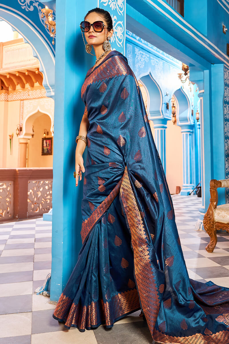 Hypnotic Navy Blue Banarasi Silk Saree With Stylish Blouse Piece
