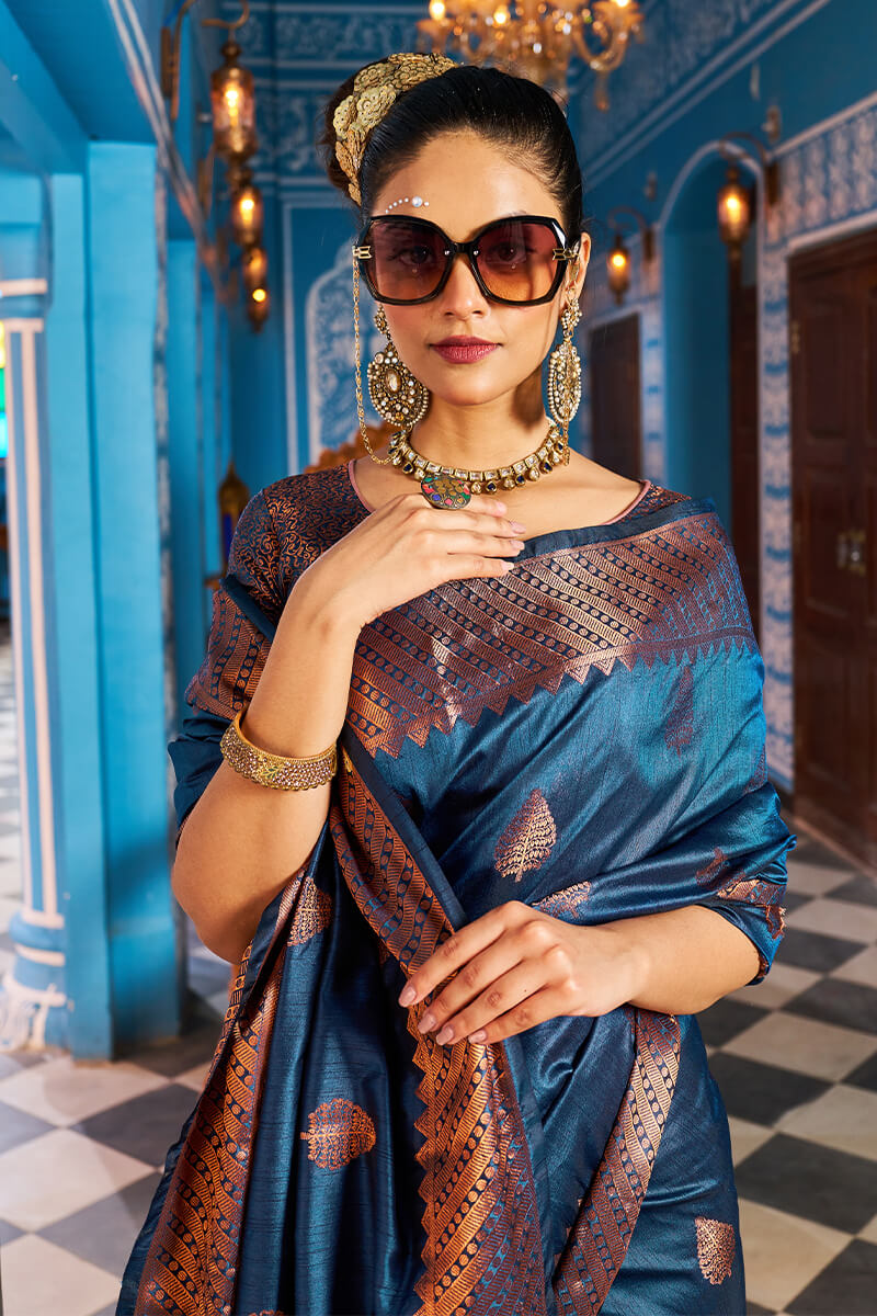 Hypnotic Navy Blue Banarasi Silk Saree With Stylish Blouse Piece