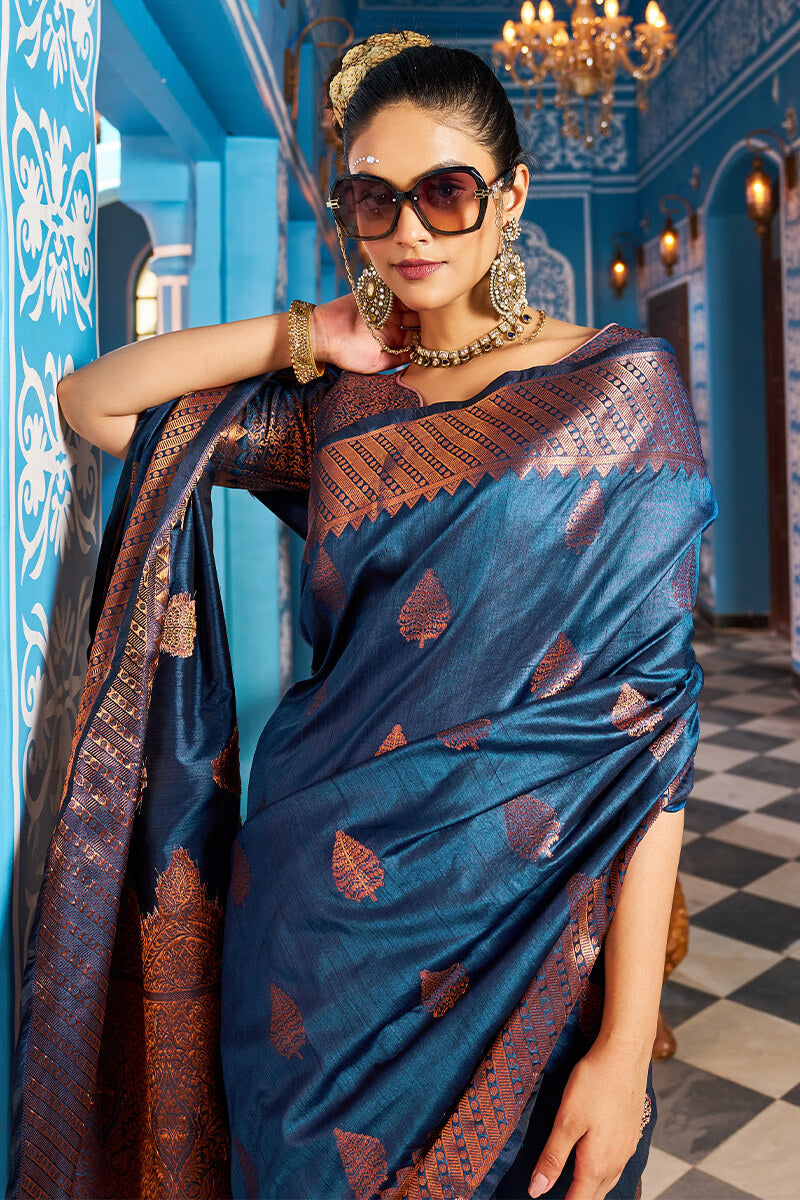 Hypnotic Navy Blue Banarasi Silk Saree With Stylish Blouse Piece