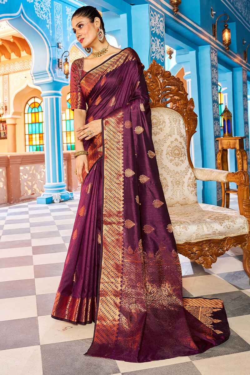 Radiant Purple Banarasi Silk Saree With Exceptional Blouse Piece