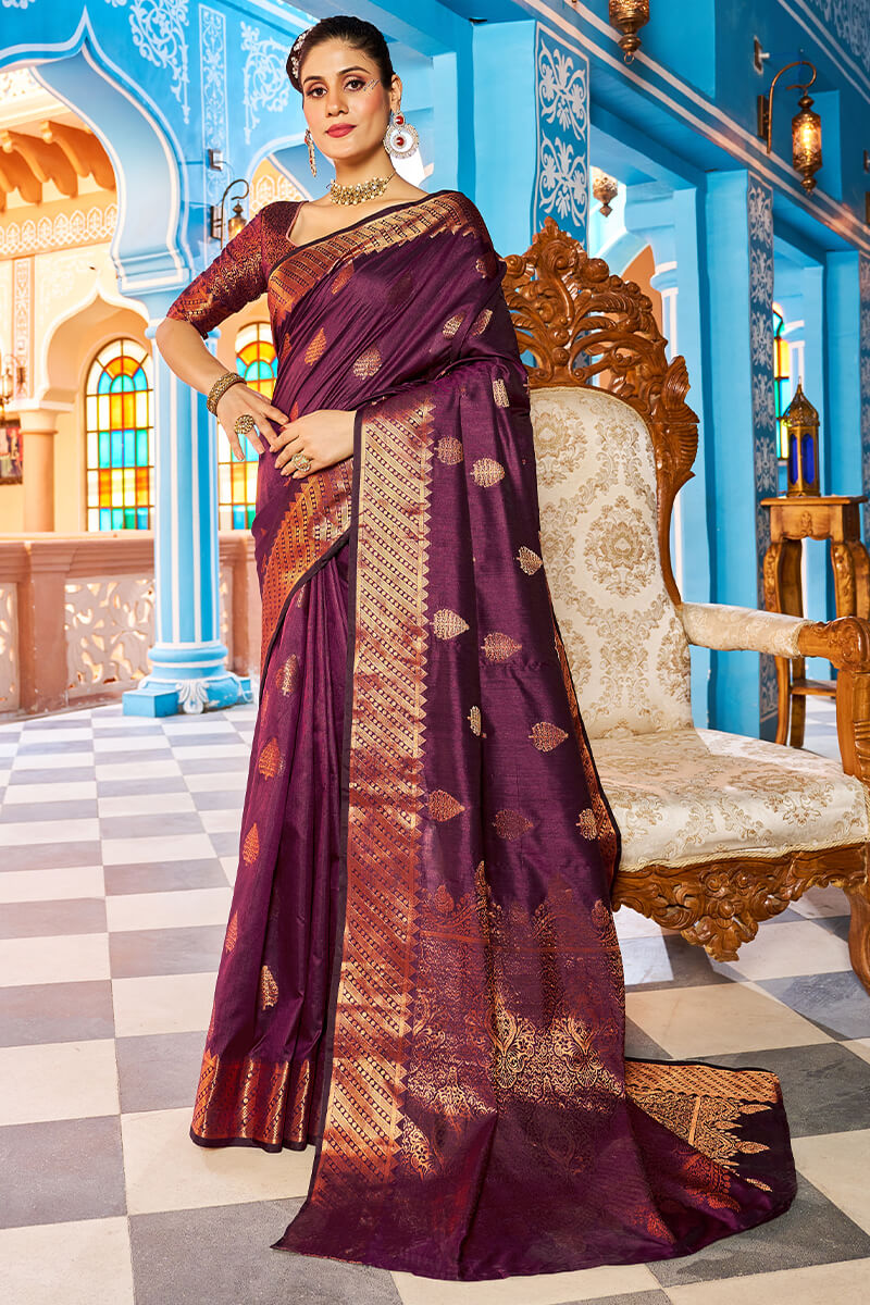Radiant Purple Banarasi Silk Saree With Exceptional Blouse Piece