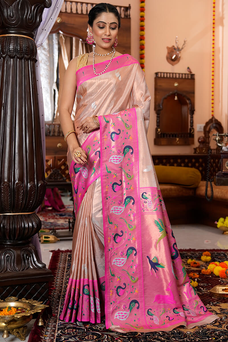 Blooming Baby Pink Paithani Silk Saree With Surpassing Blouse Piece