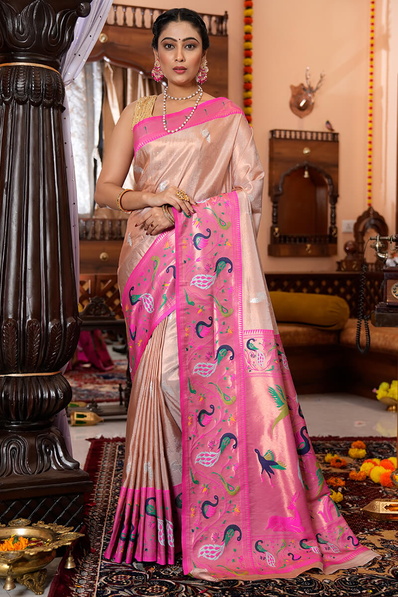 Blooming Baby Pink Paithani Silk Saree With Surpassing Blouse Piece