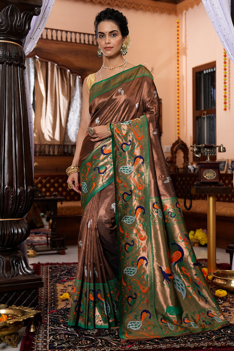 Demanding Brown Paithani Silk Saree With Impressive Blouse Piece