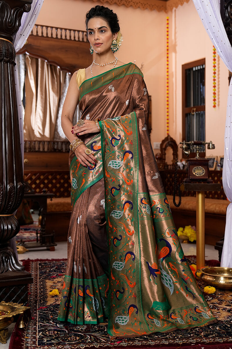 Demanding Brown Paithani Silk Saree With Impressive Blouse Piece