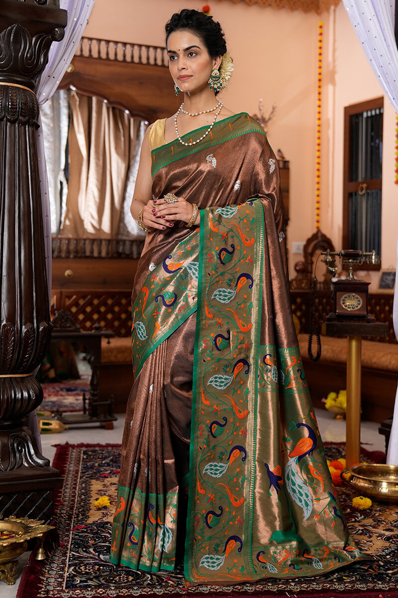 Demanding Brown Paithani Silk Saree With Impressive Blouse Piece