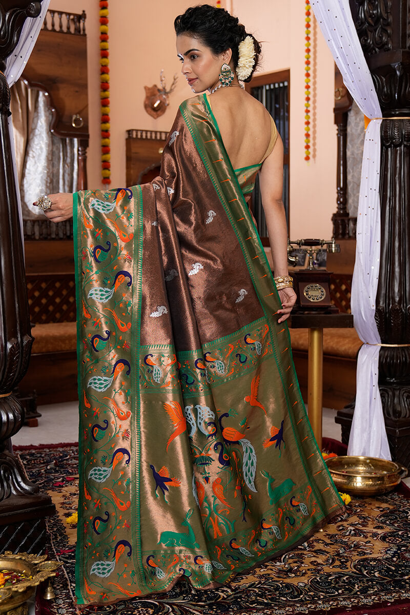 Demanding Brown Paithani Silk Saree With Impressive Blouse Piece