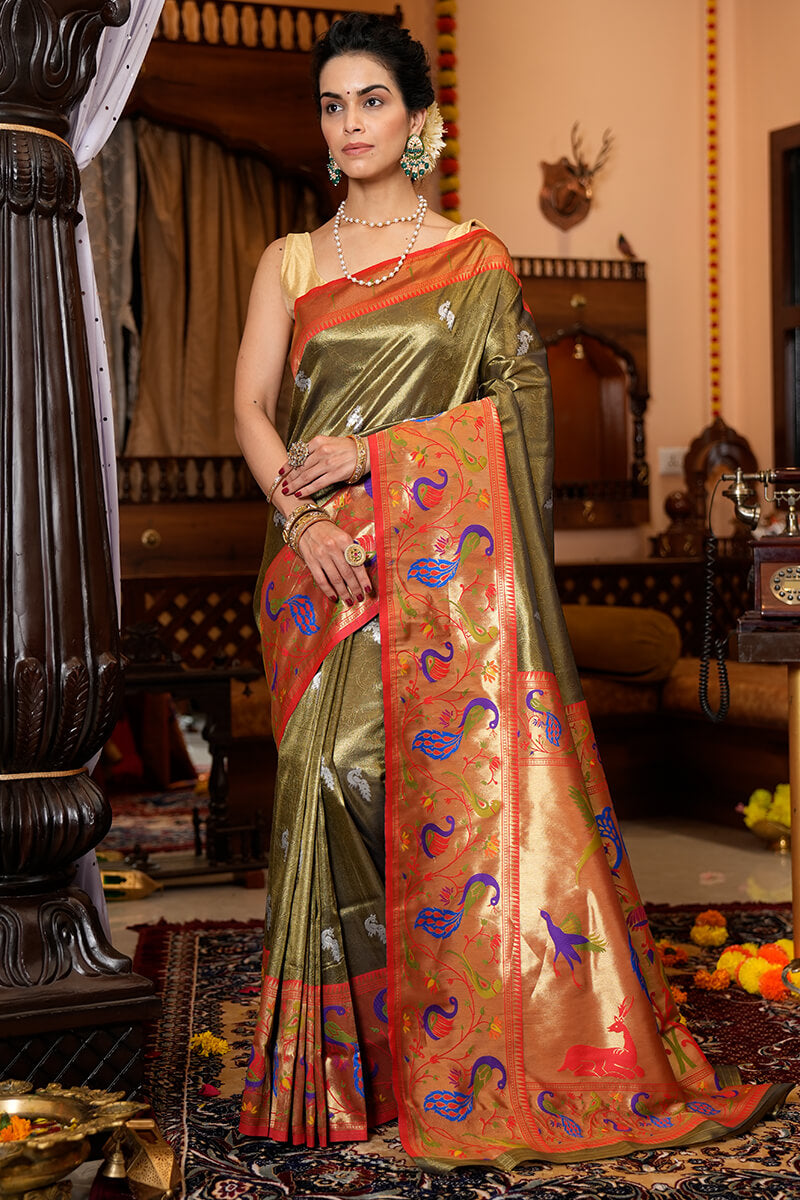 Staring Mehndi Paithani Silk Saree With Super classy Blouse Piece