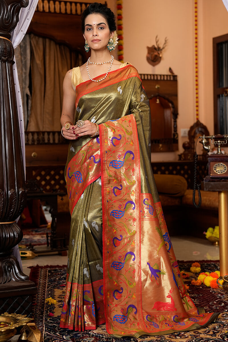Staring Mehndi Paithani Silk Saree With Super classy Blouse Piece