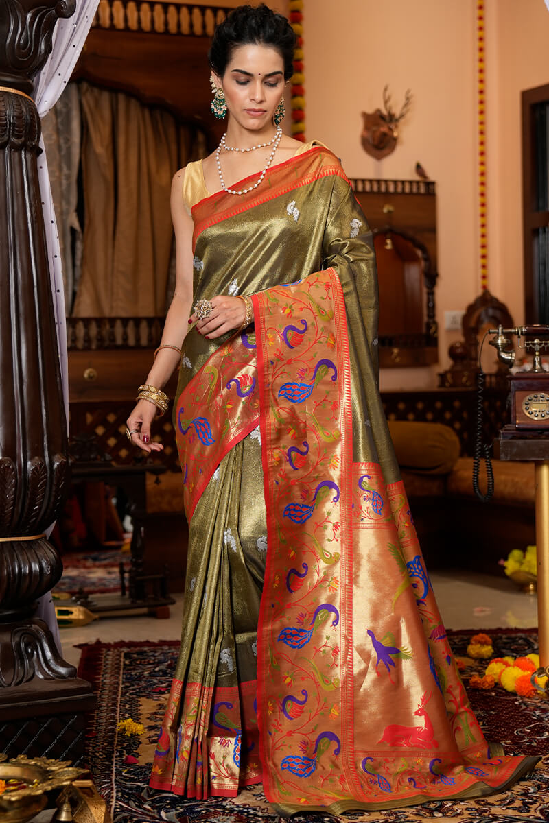 Staring Mehndi Paithani Silk Saree With Super classy Blouse Piece