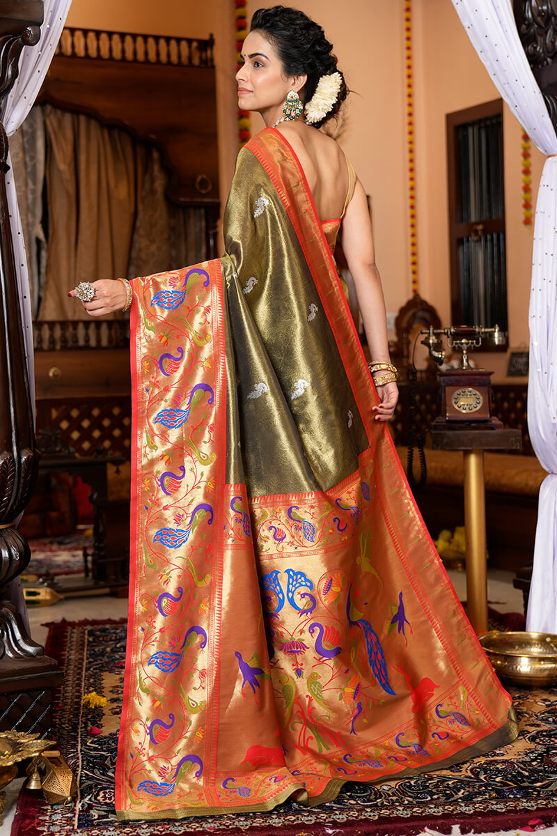 Staring Mehndi Paithani Silk Saree With Super classy Blouse Piece