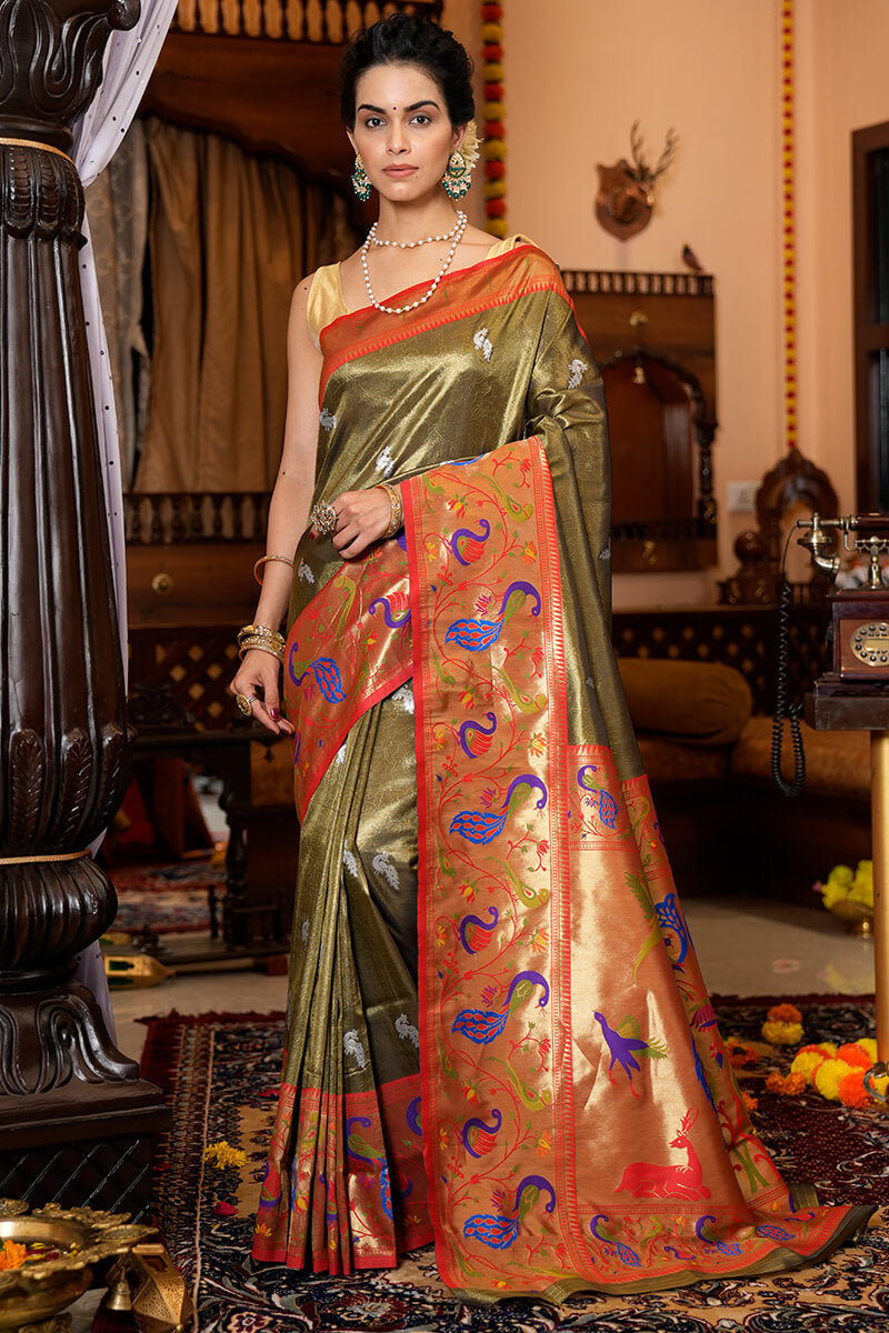 Staring Mehndi Paithani Silk Saree With Super classy Blouse Piece