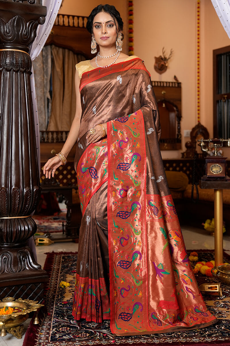 Flaunt Wine Paithani Silk Saree With Elision Blouse Piece