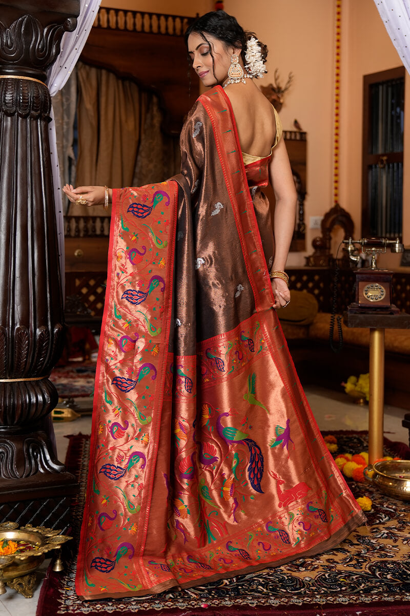 Flaunt Wine Paithani Silk Saree With Elision Blouse Piece