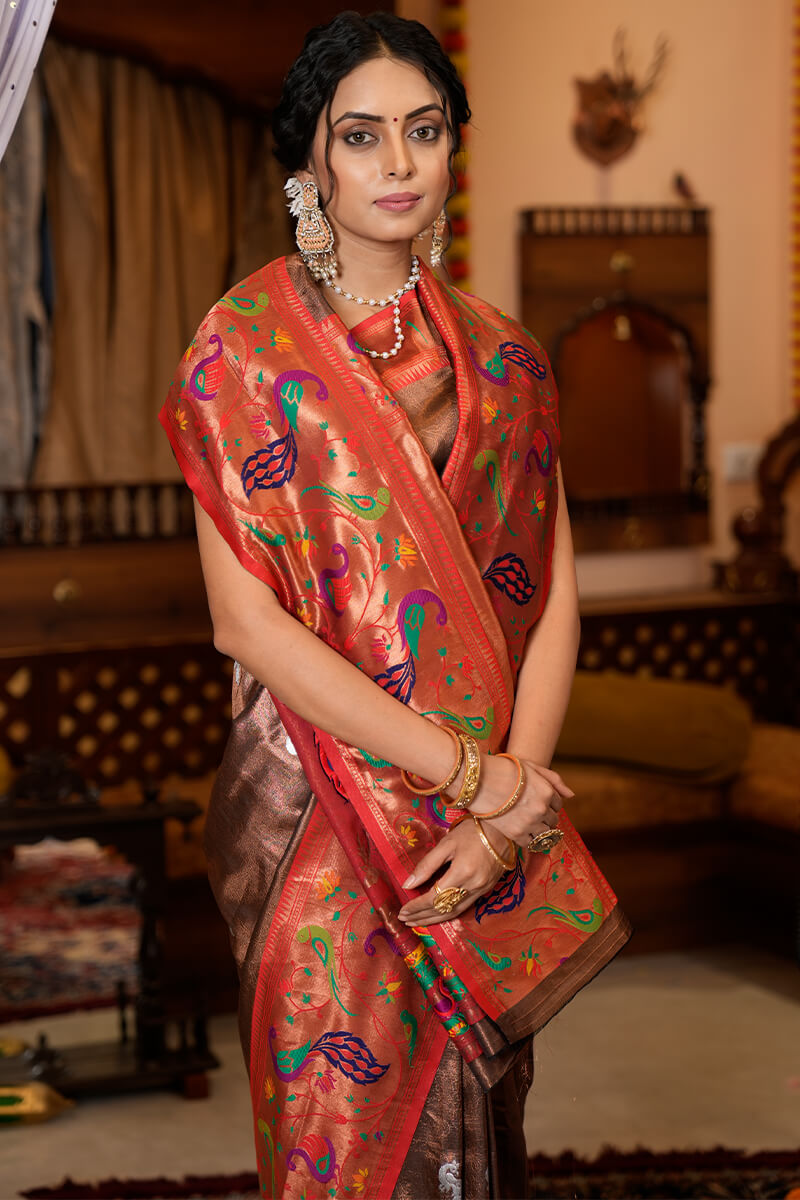 Flaunt Wine Paithani Silk Saree With Elision Blouse Piece