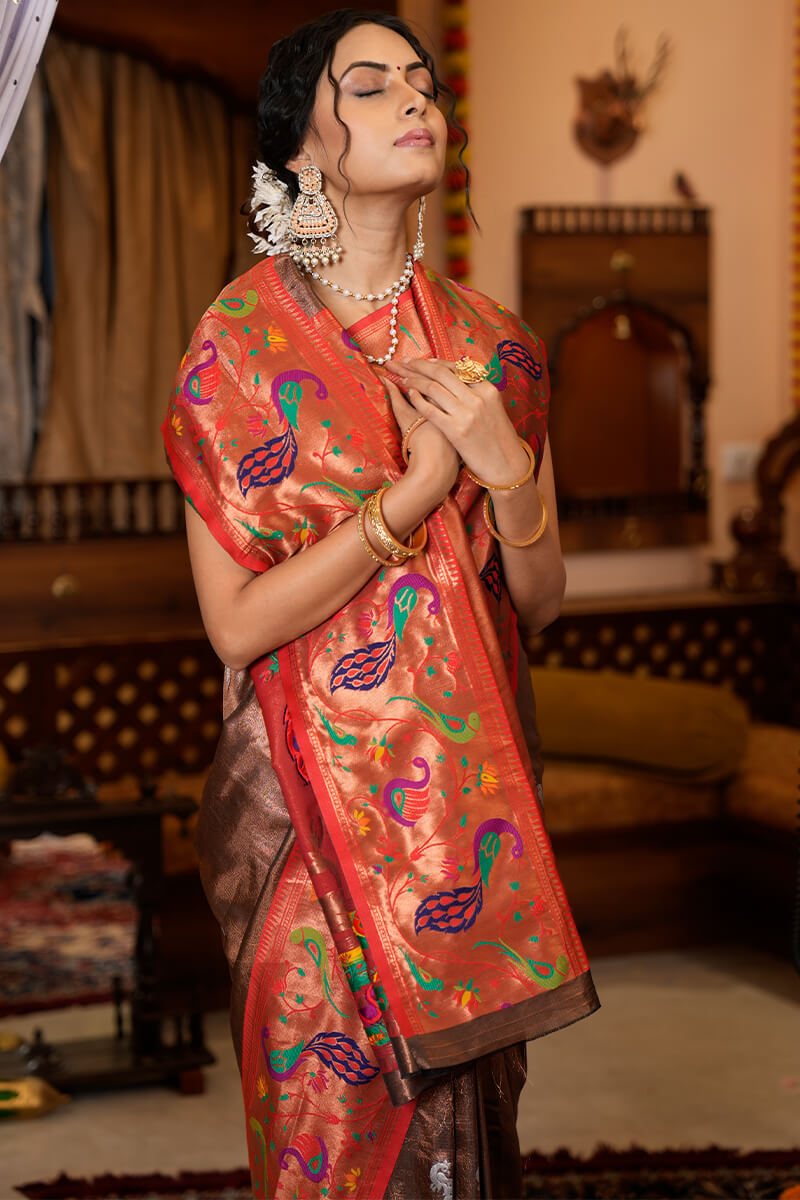 Flaunt Wine Paithani Silk Saree With Elision Blouse Piece