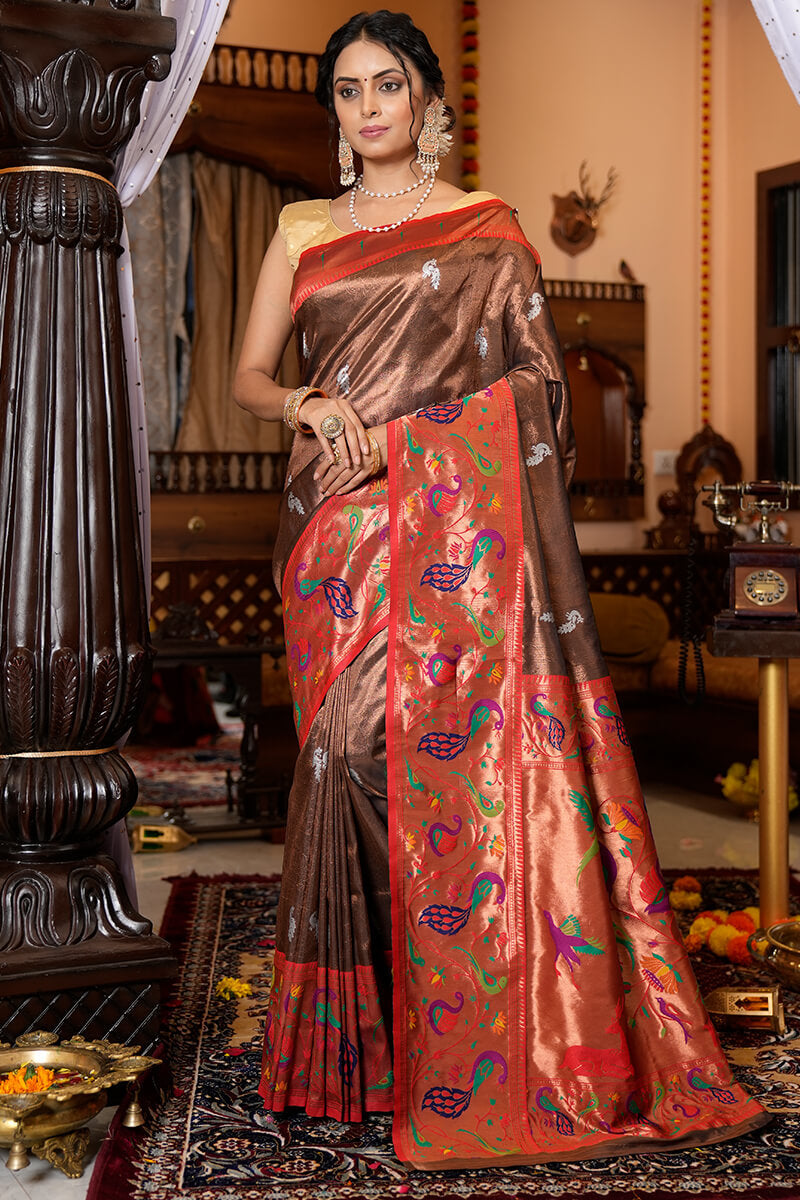 Flaunt Wine Paithani Silk Saree With Elision Blouse Piece