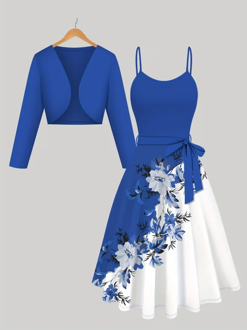 Elegant 2-Piece Women’s Outfit | Blue Cardigan Jacket with Floral Suspender Dress Set