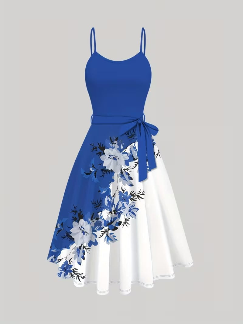 Elegant 2-Piece Women’s Outfit | Blue Cardigan Jacket with Floral Suspender Dress Set