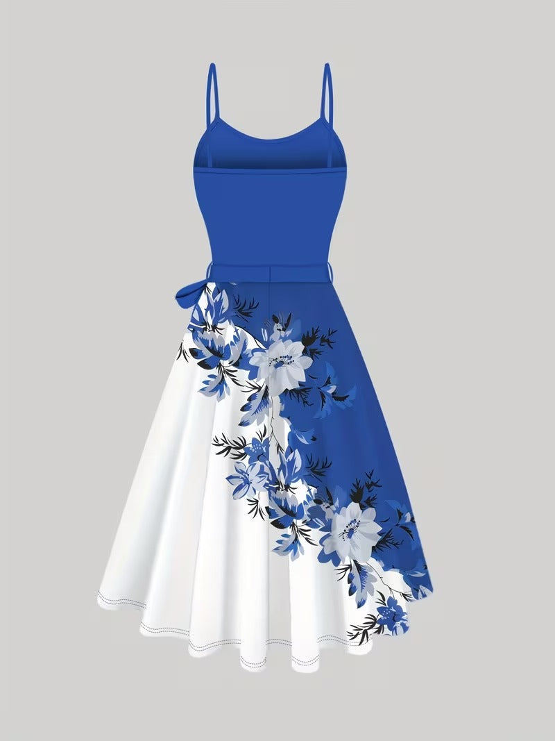 Elegant 2-Piece Women’s Outfit | Blue Cardigan Jacket with Floral Suspender Dress Set