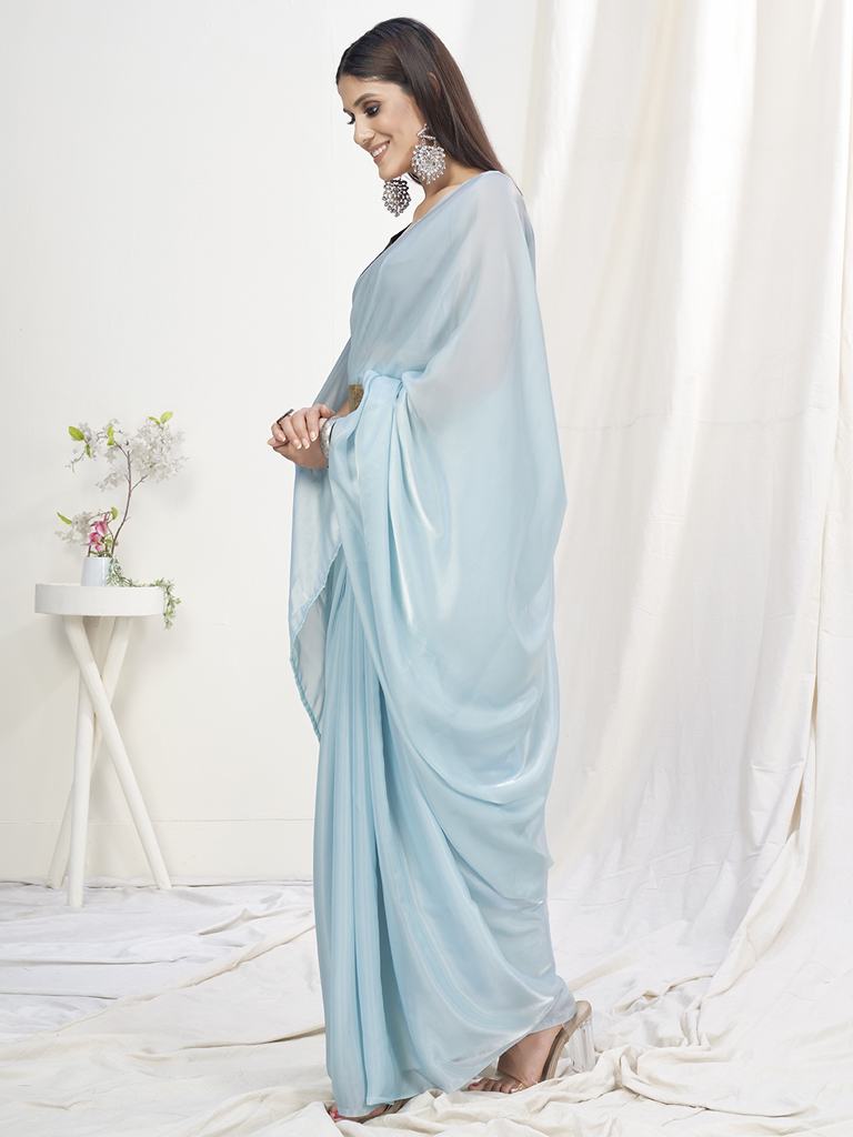 Baby Blue Pre-Stitched Blended Silk Saree
