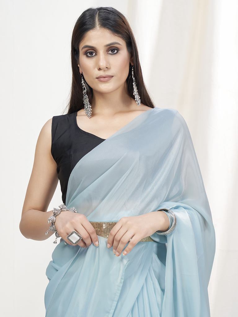 Baby Blue Pre-Stitched Blended Silk Saree
