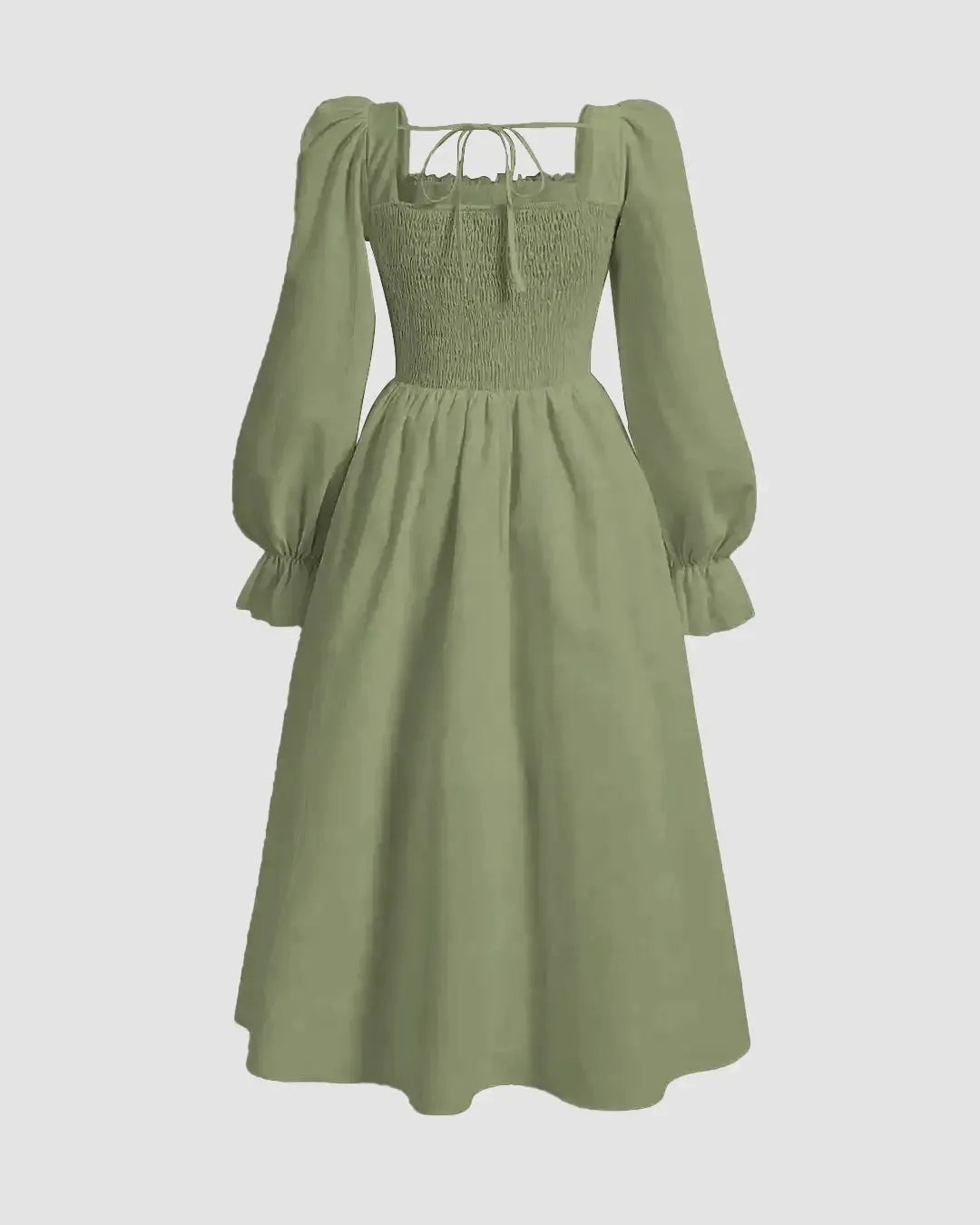 Square Neck Flare Sleeve Lace Up Waist Ruched Bust Vintage Dress In Herbal Green