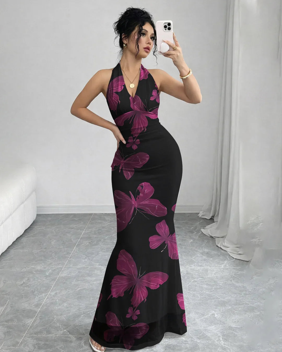 Backless Mermaid Long Dress with Mesh Floral Halter Neck in Black