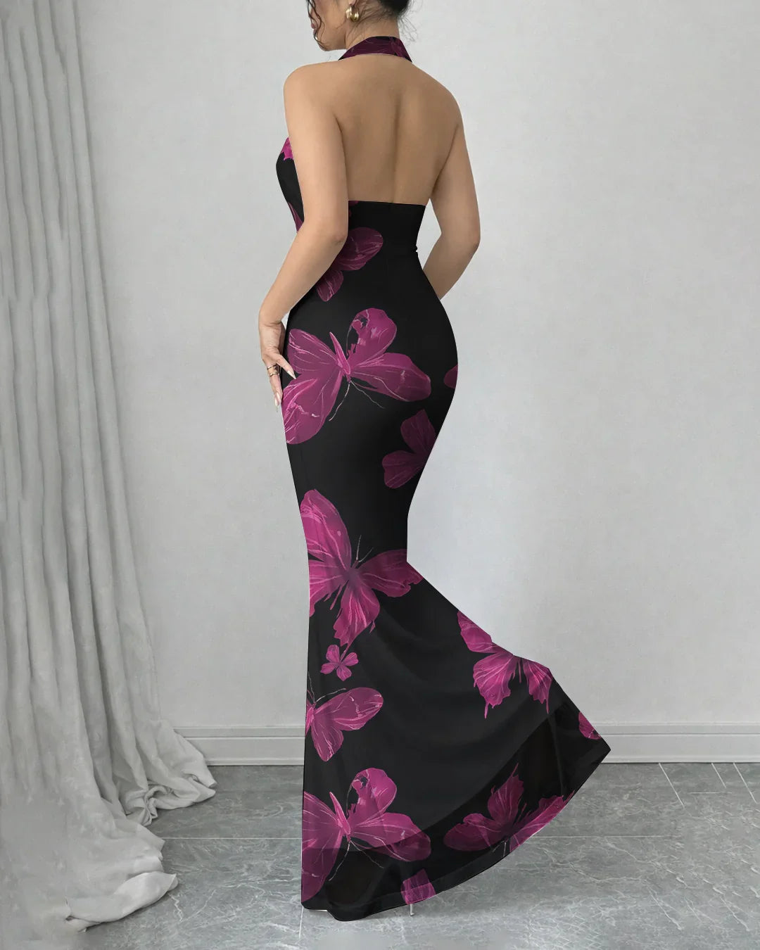 Backless Mermaid Long Dress with Mesh Floral Halter Neck in Black