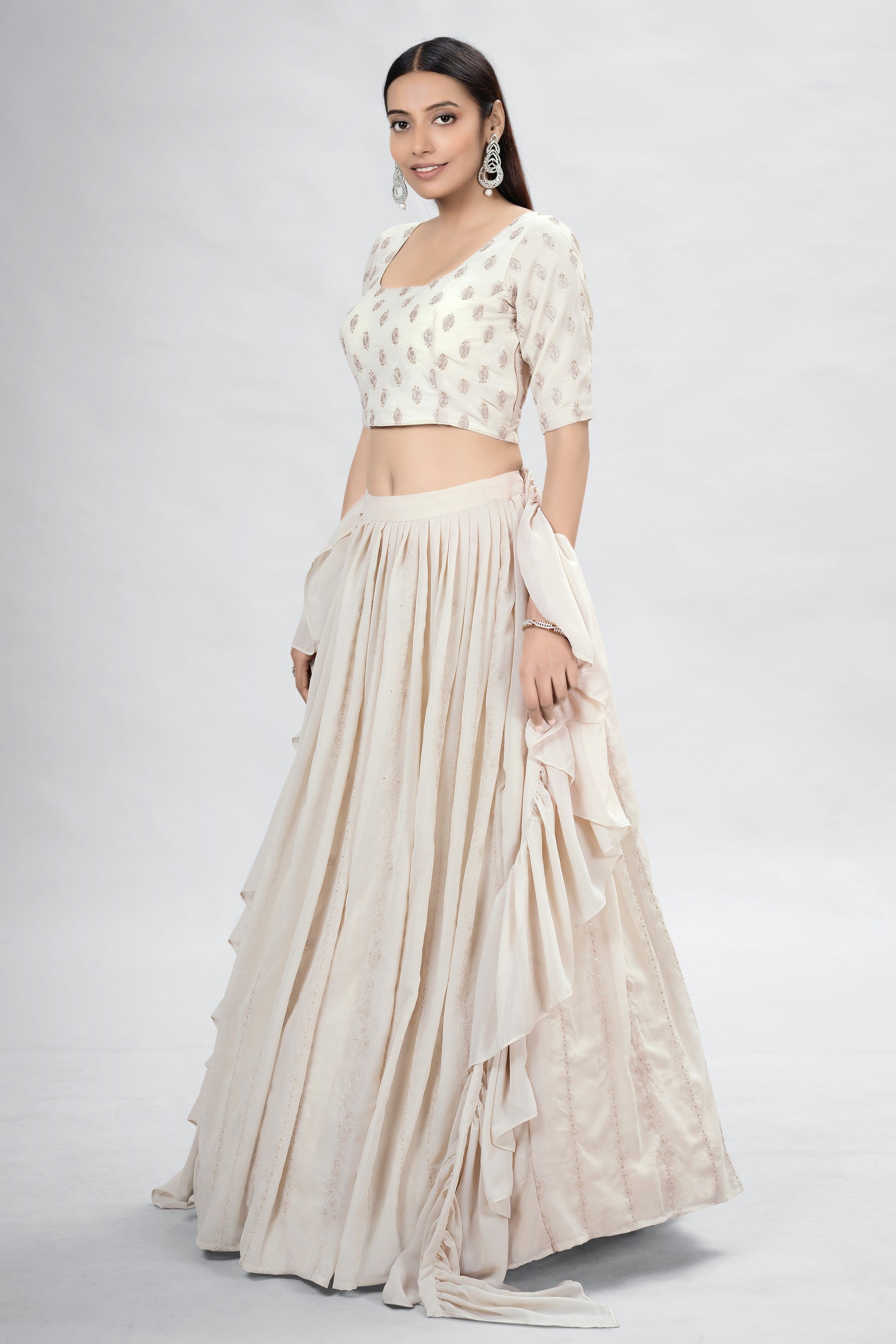 Beige Indian Georgette Lehenga Choli With Ruffle Dupatta For Indian Festival & Weddings - Sequence Embroidery Work,