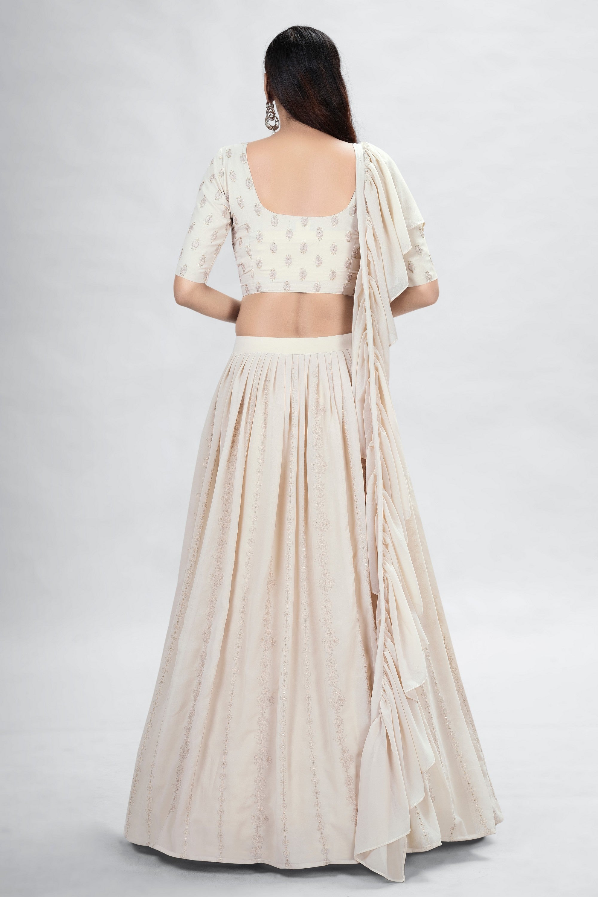 Beige Indian Georgette Lehenga Choli With Ruffle Dupatta For Indian Festival & Weddings - Sequence Embroidery Work,