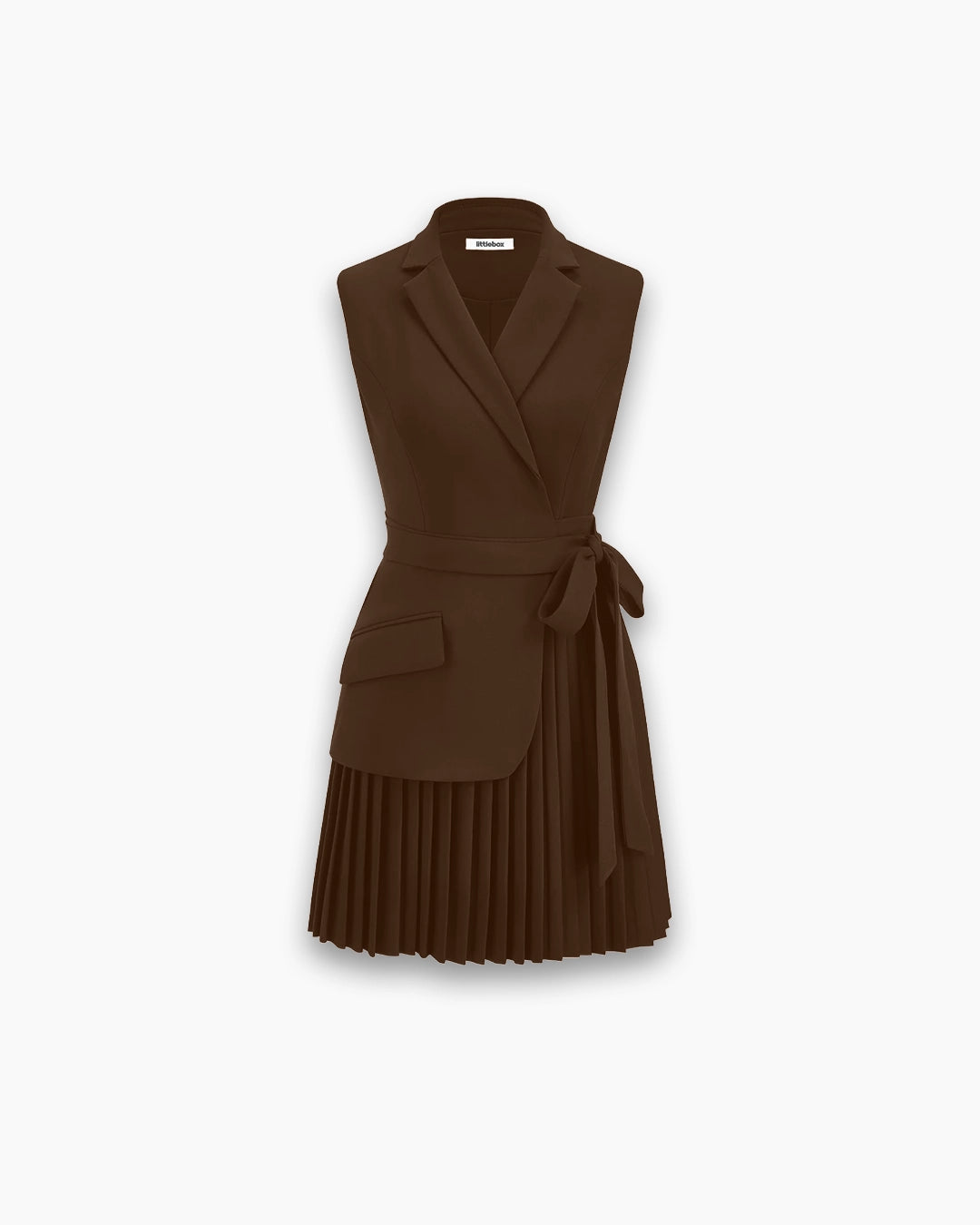 Belted Pleated Sleeveless Blazer Dress in Brown