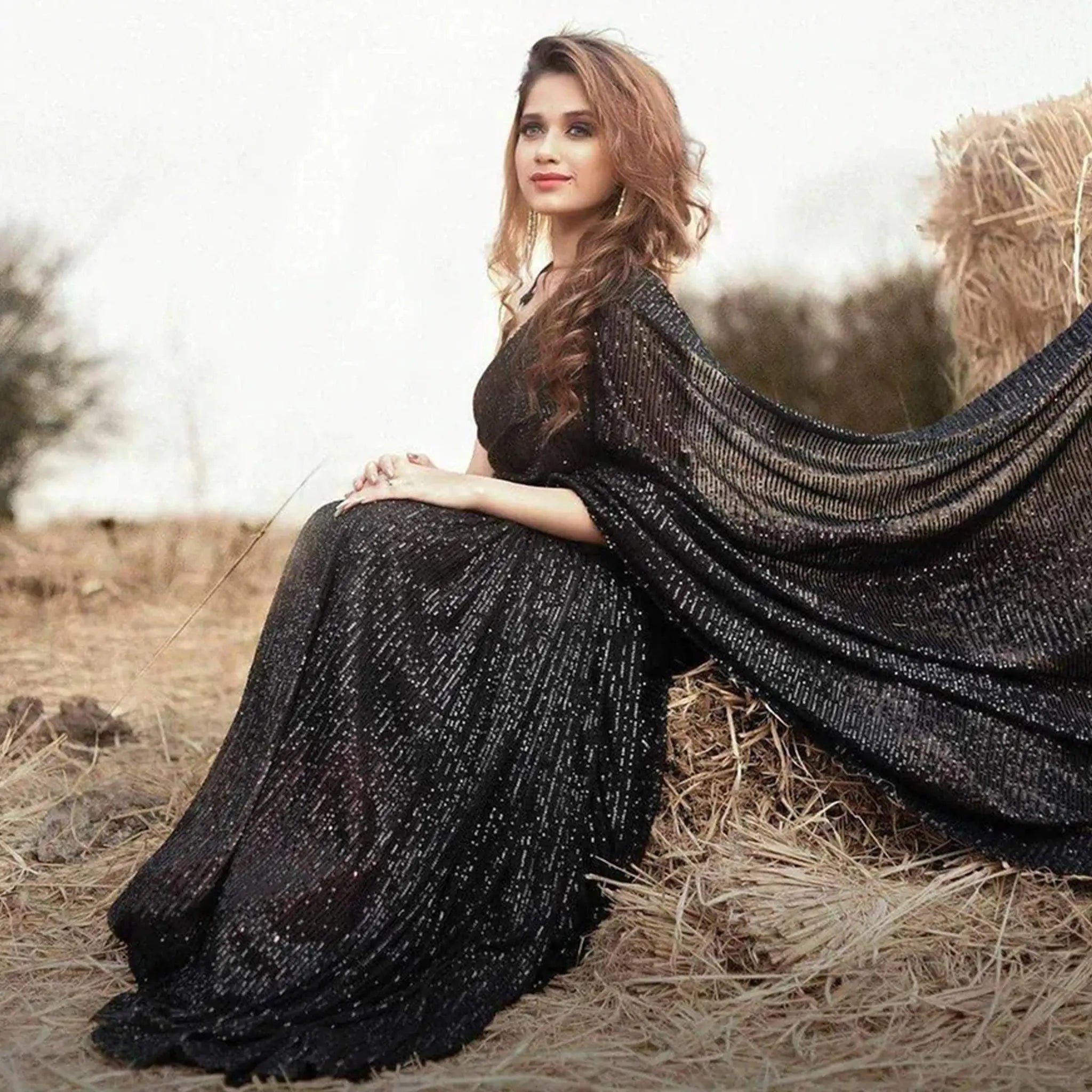 Black Saree in Georgette with Heavy Sequence Work