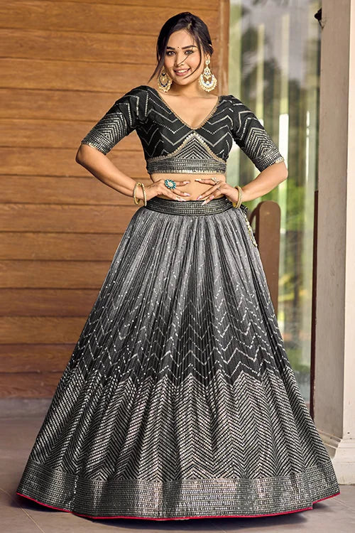 Black Thread Embroidery Lehenga Choli with Dupatta