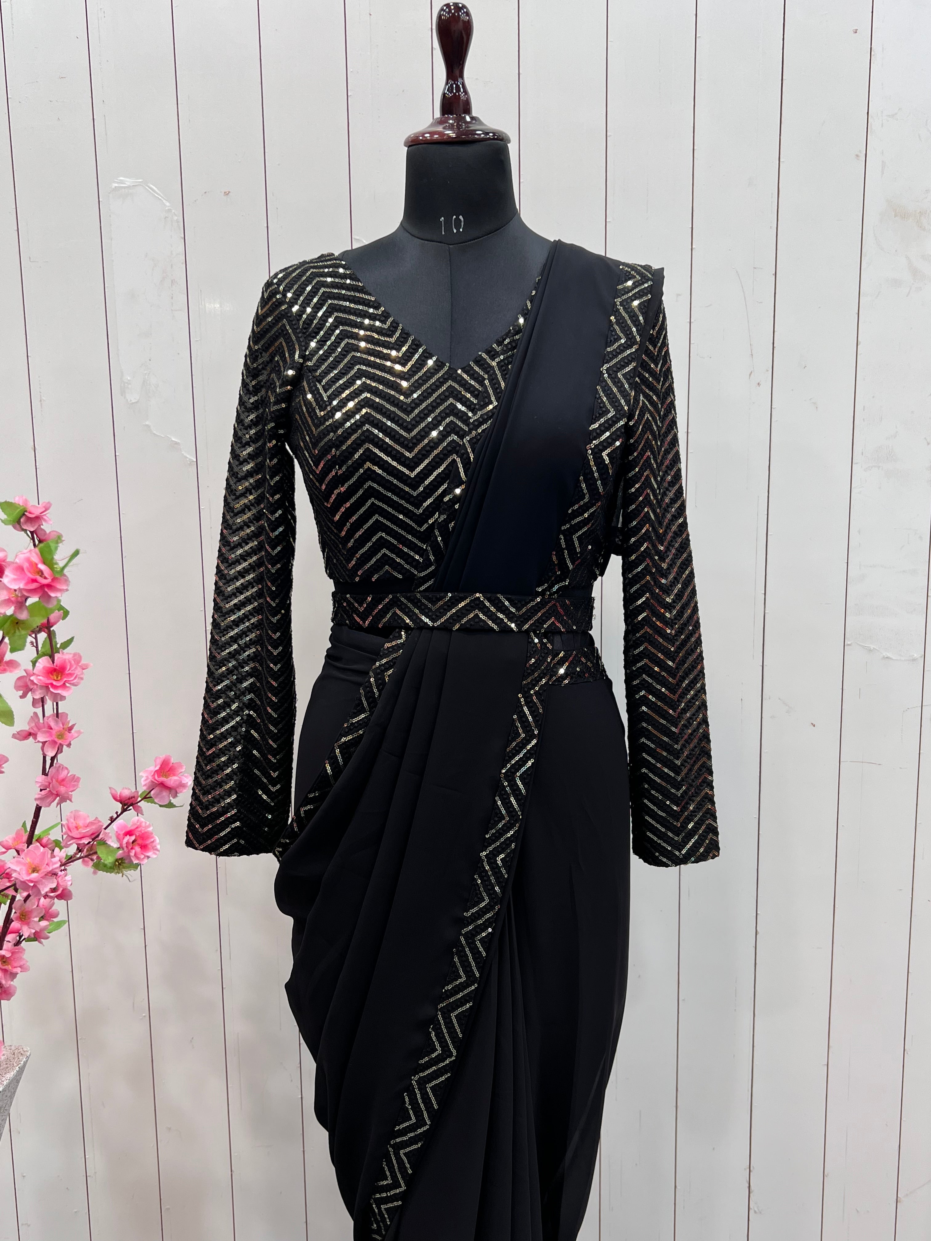 Black Faux Georgette Border Lace Work Saree With Stitched Blouse