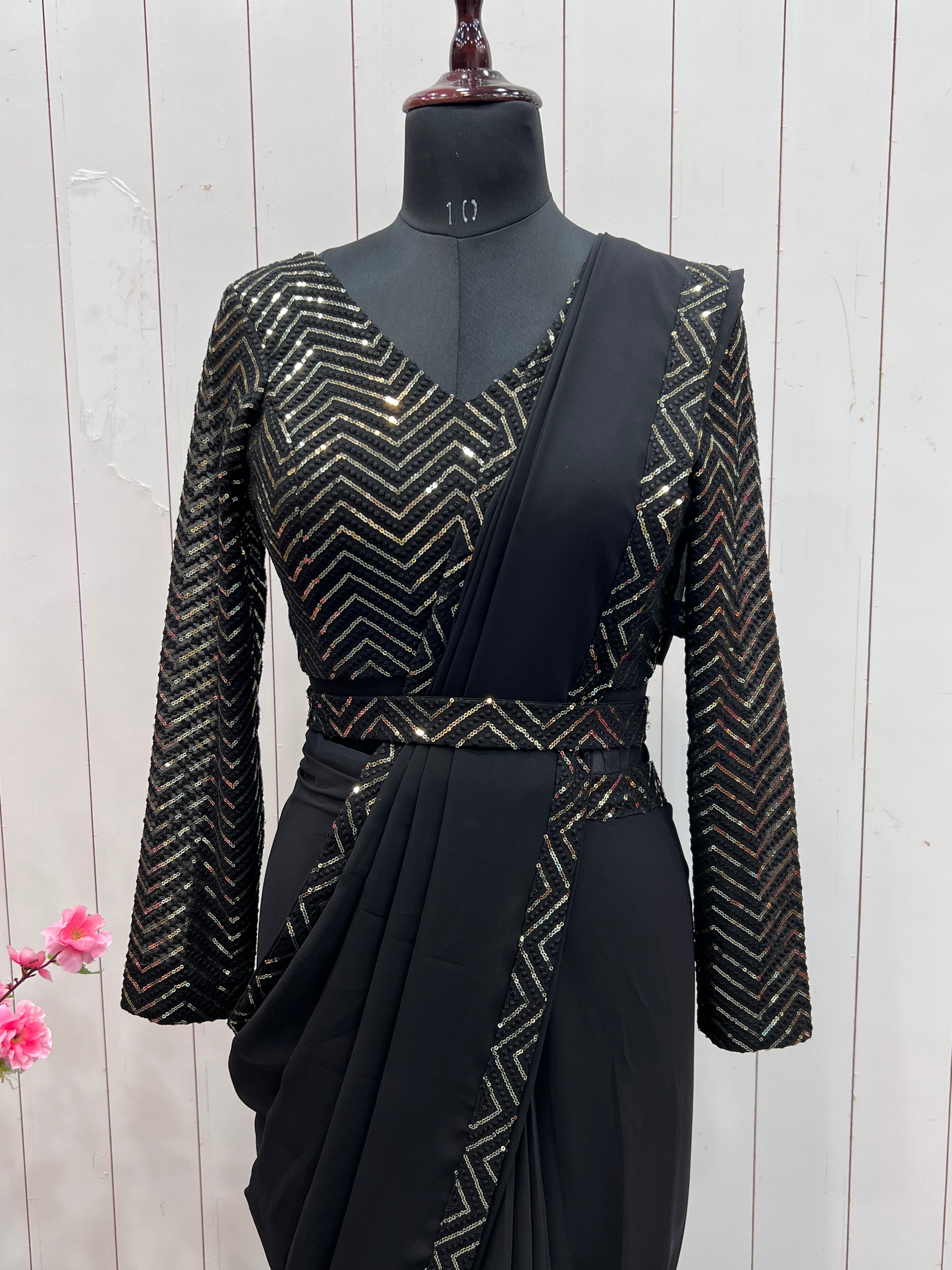 Black Faux Georgette Border Lace Work Saree With Stitched Blouse