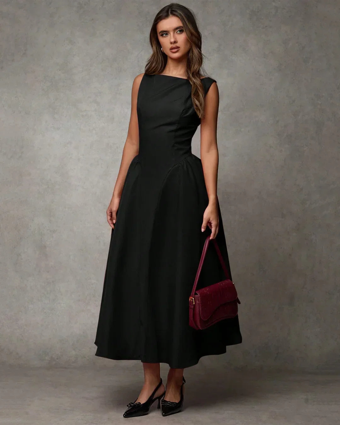 Black Boat Neck Sleeveless Fit & Flare Vintage Midi Dress