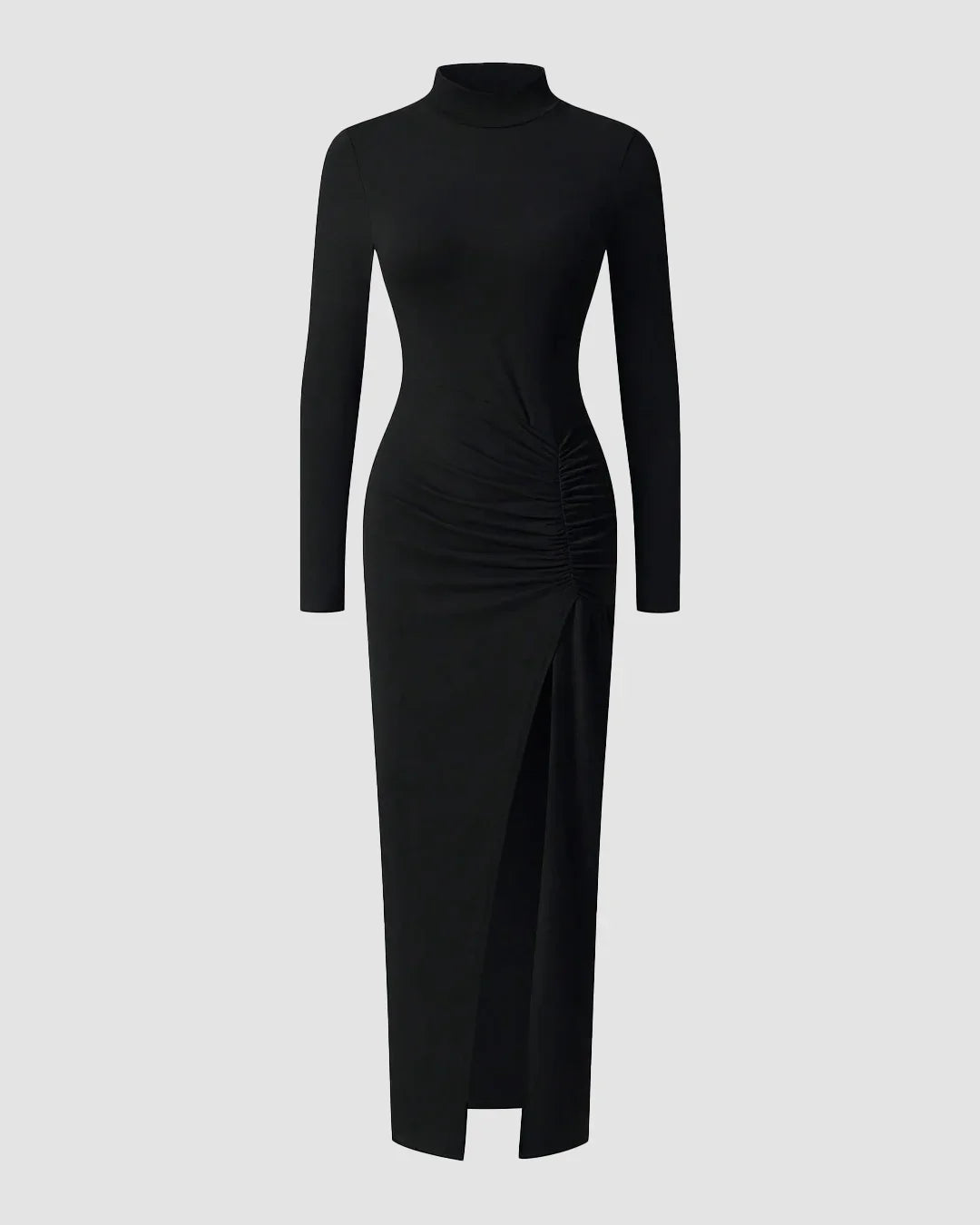Black High-Slit Turtleneck Bodycon Maxi Dress
