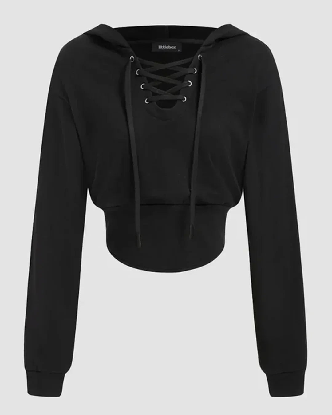 Black Lace-Up Front Cropped Hoodie