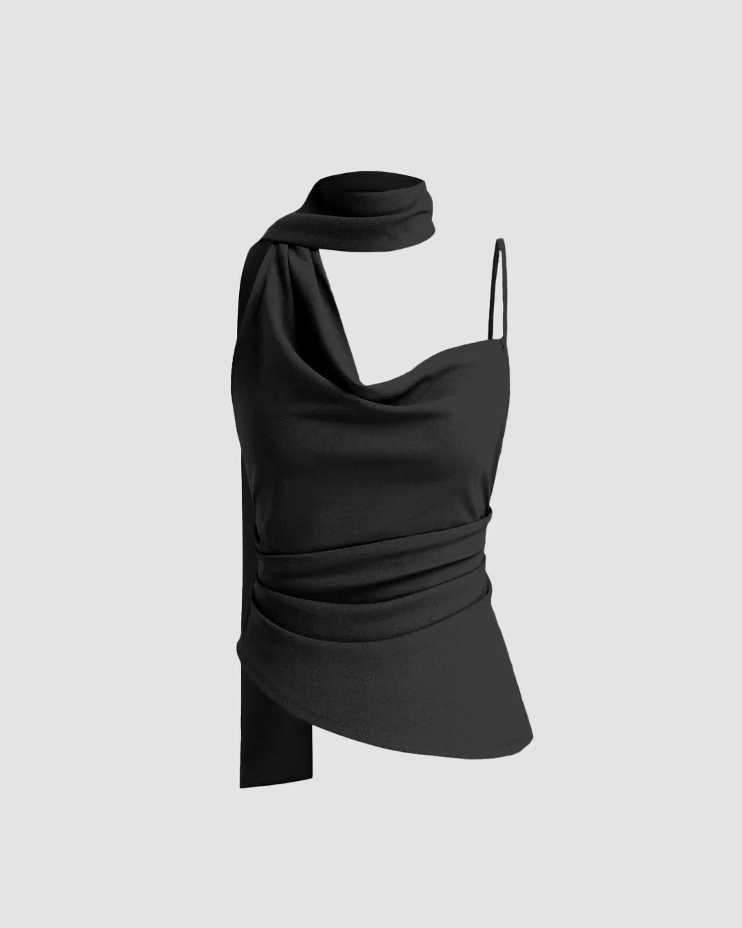 Black One-Shoulder Draped Scarf Top