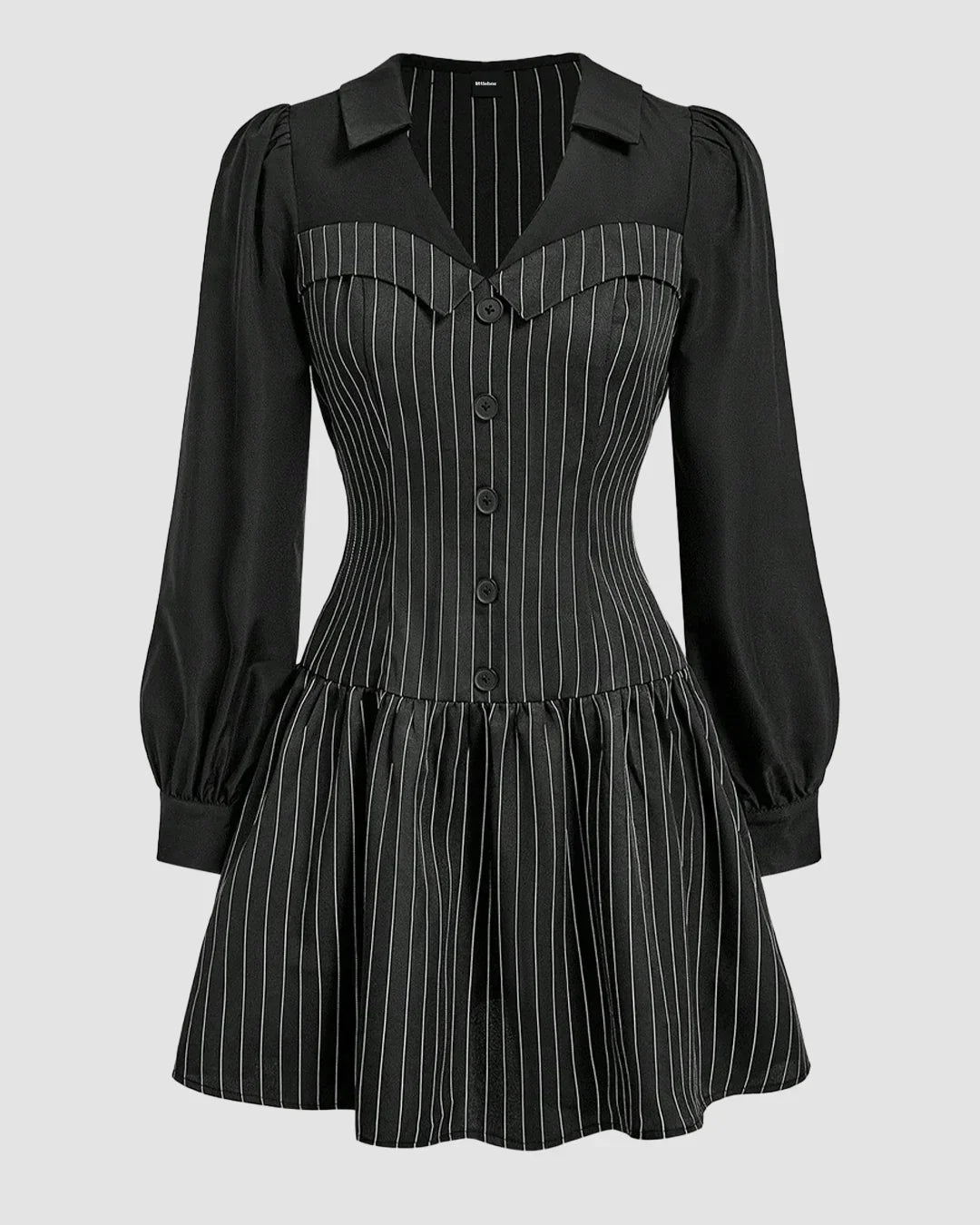 Black Pinstripe Collared Front Button Mini Dress