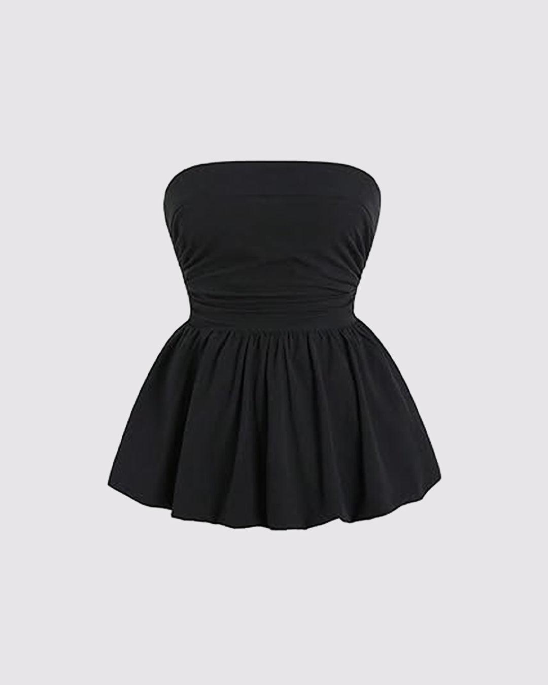 Black Pleated Strapless Ruffled Top